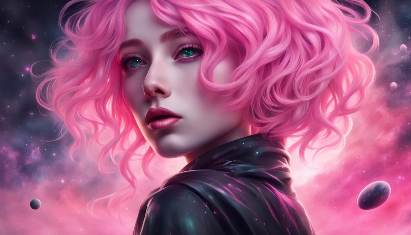 Enchanting Galactic Artist Girl with Pink Hair