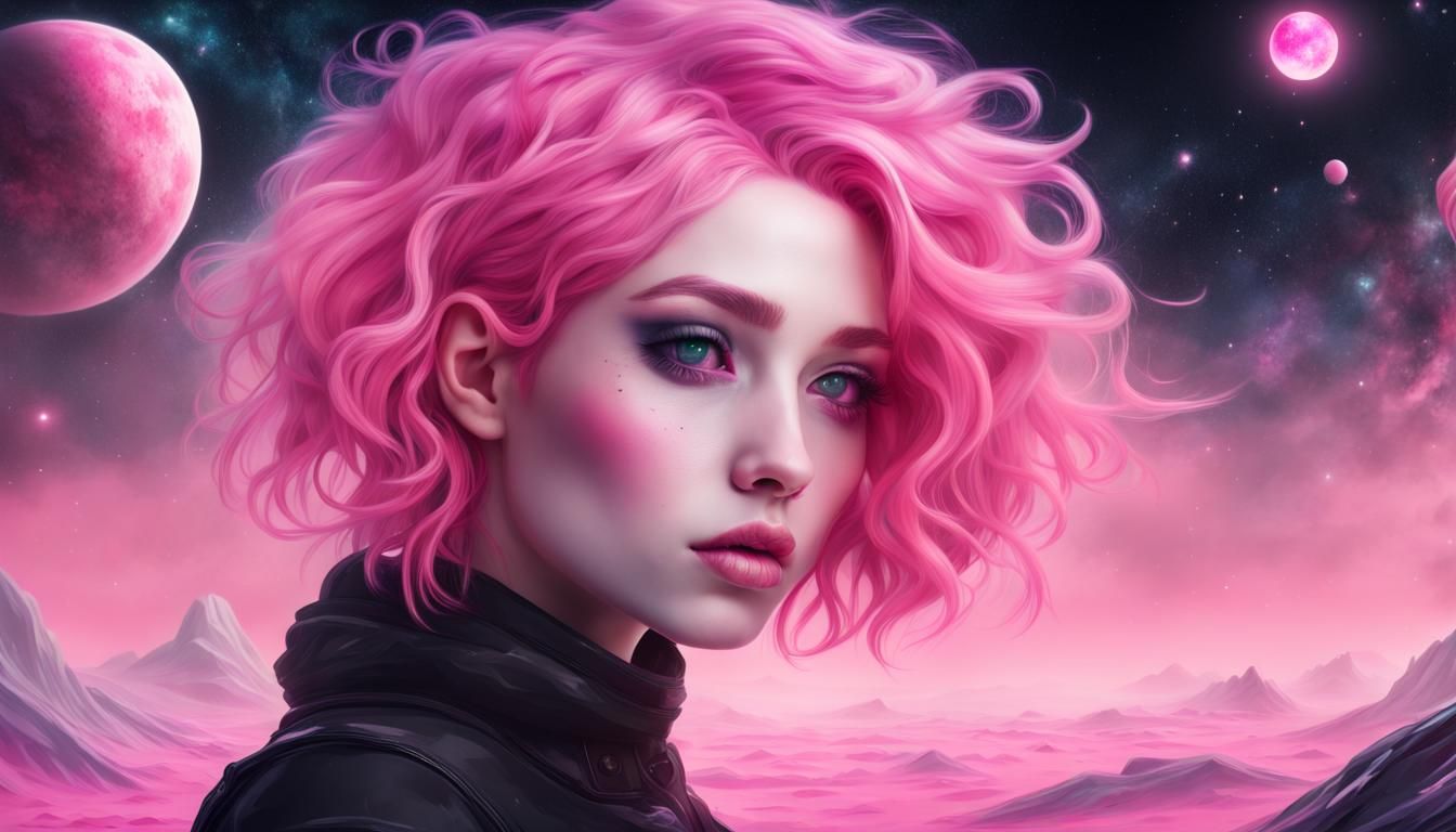 Enchanting Galactic Girl Portrait with Pink Hair