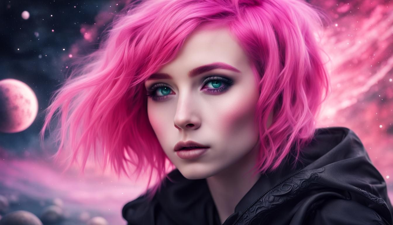 Enchanting Galactic Girl Portrait in Pink and Black
