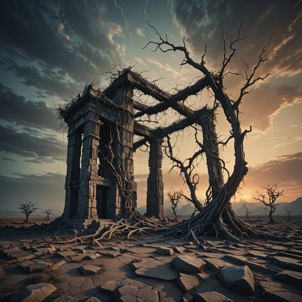 Mystical Stone Structure in Surreal Twilight Landscape