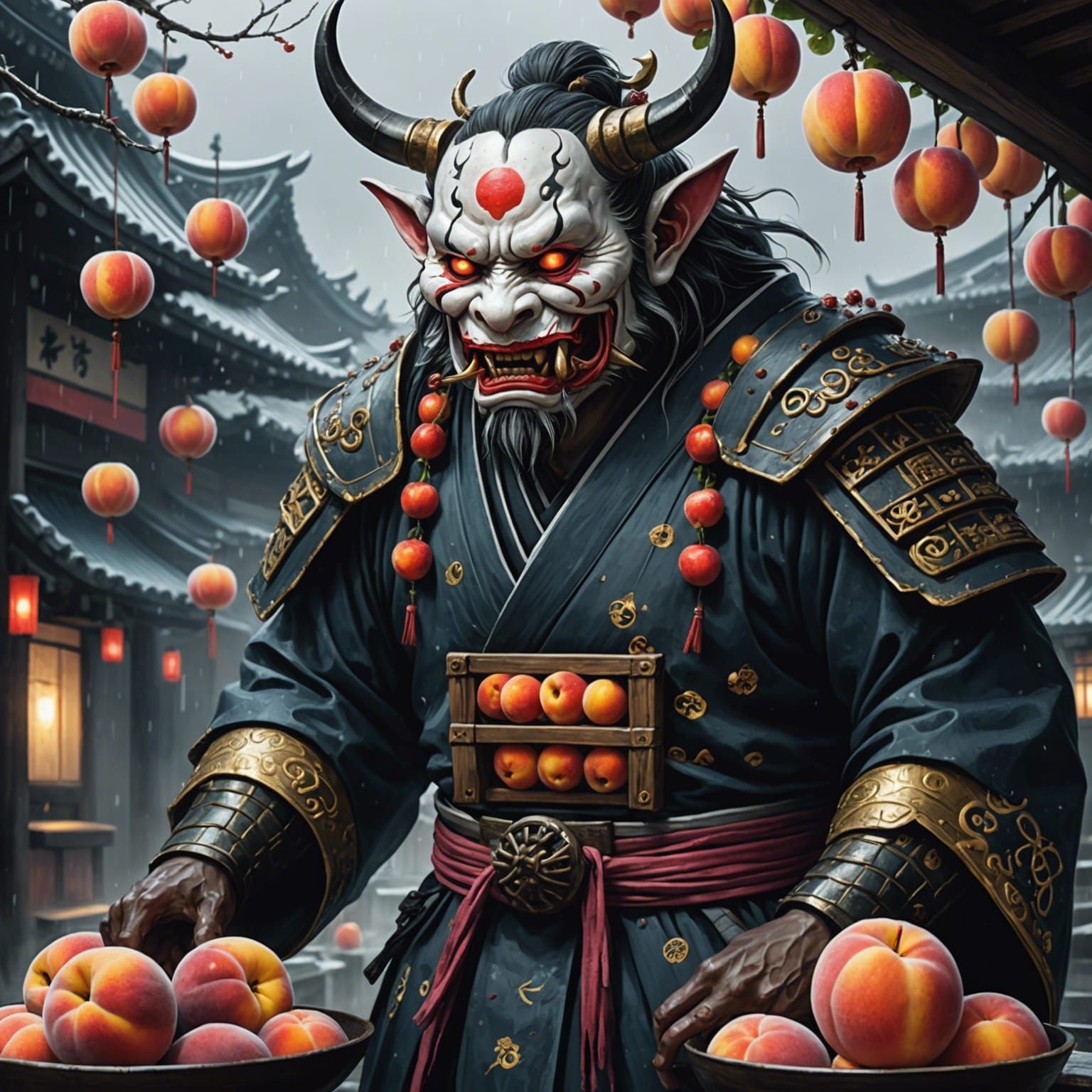 Momotarō Battles Oni Among Peaches