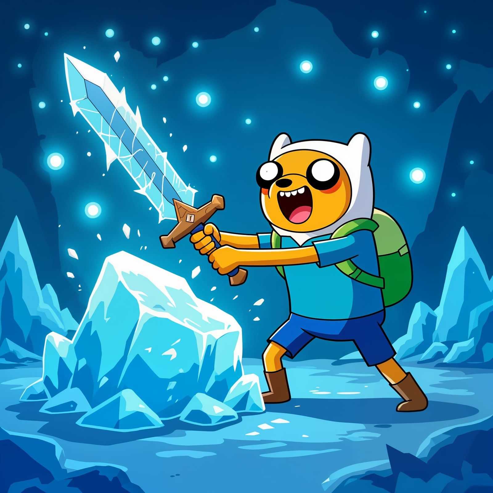 Finn and Jake Slam Sword into Ice with Blue Lights