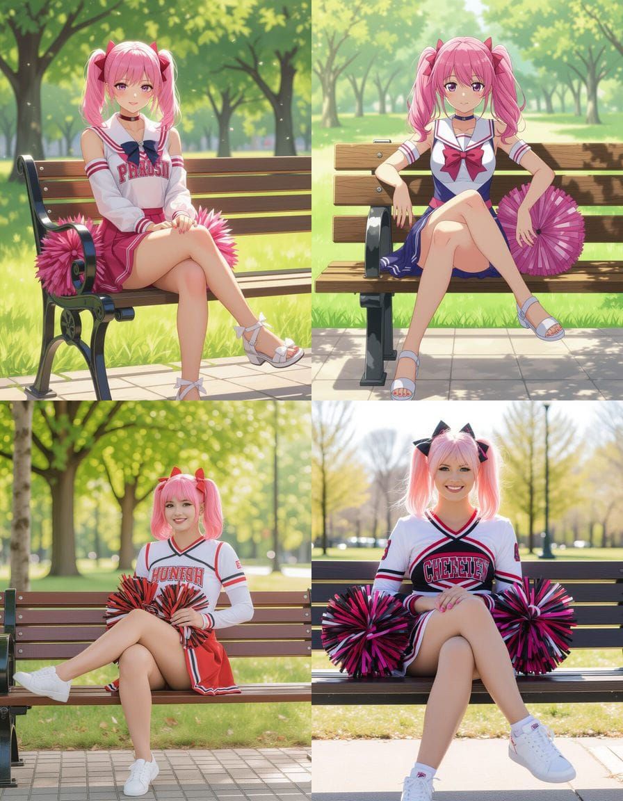 Pink Haired Cheerleader on Park Bench
