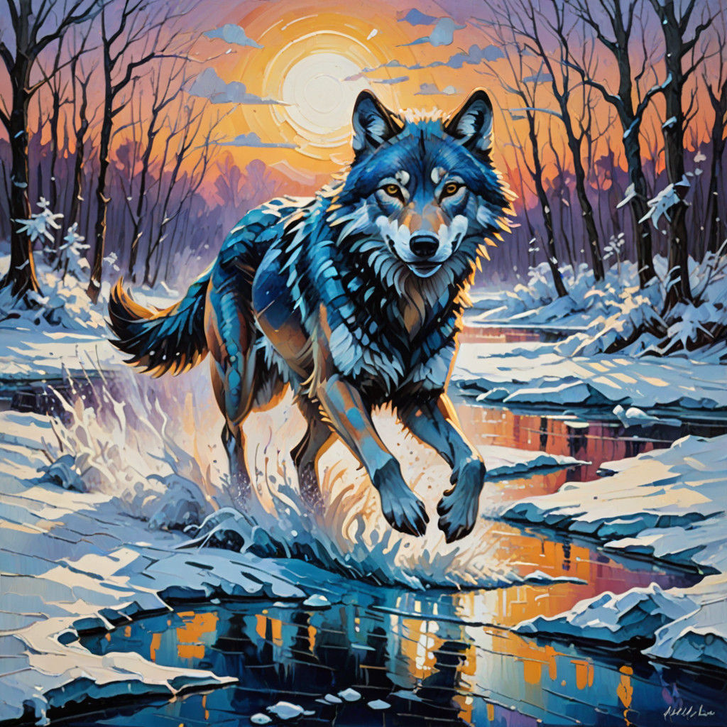 Wolf in Mid-Leap Across Frozen River at Sunset in Neo-Impres...
