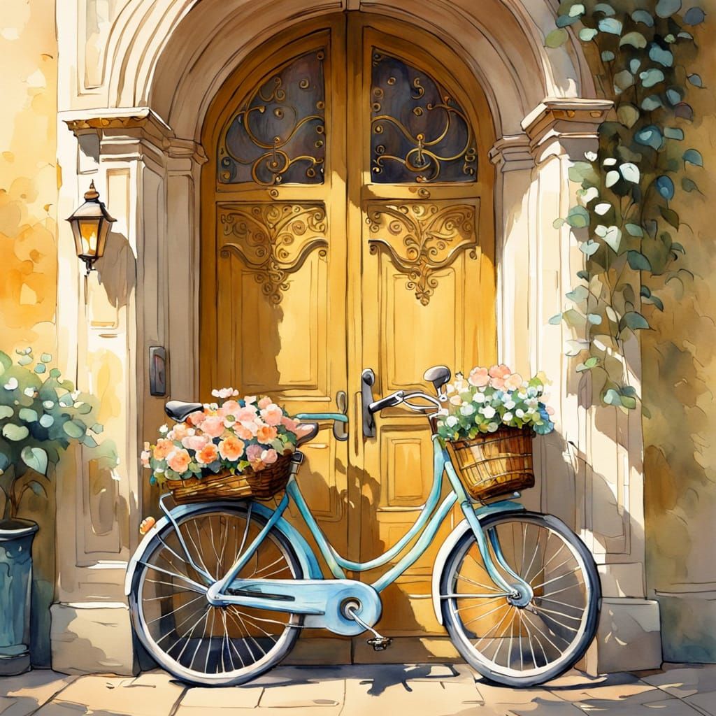 Charming Flower Bicycle Before Carved Door, Watercolor Sketc...