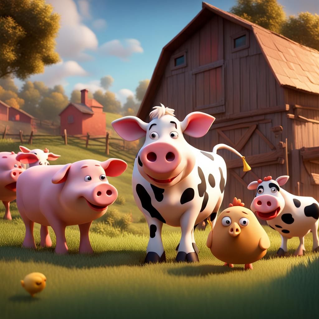 Farm Animals in Peaceful Countryside: Pixar-style 3D Art