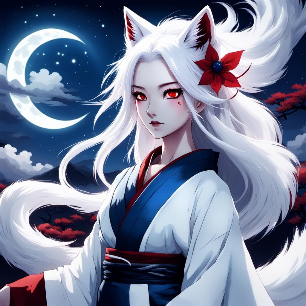 Anime-Style Kitsune Goddess Under the Moonlit Sky