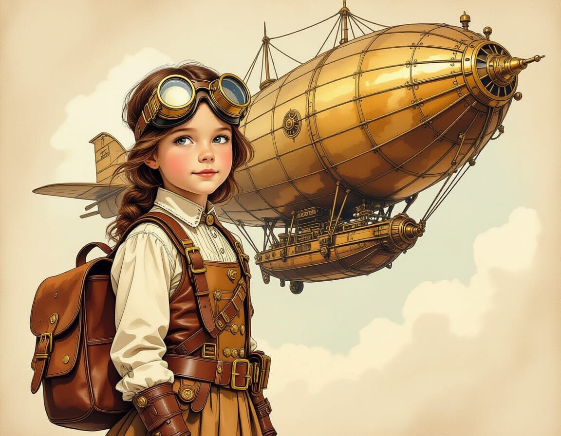 Young Steampunk Explorer Beside Airship