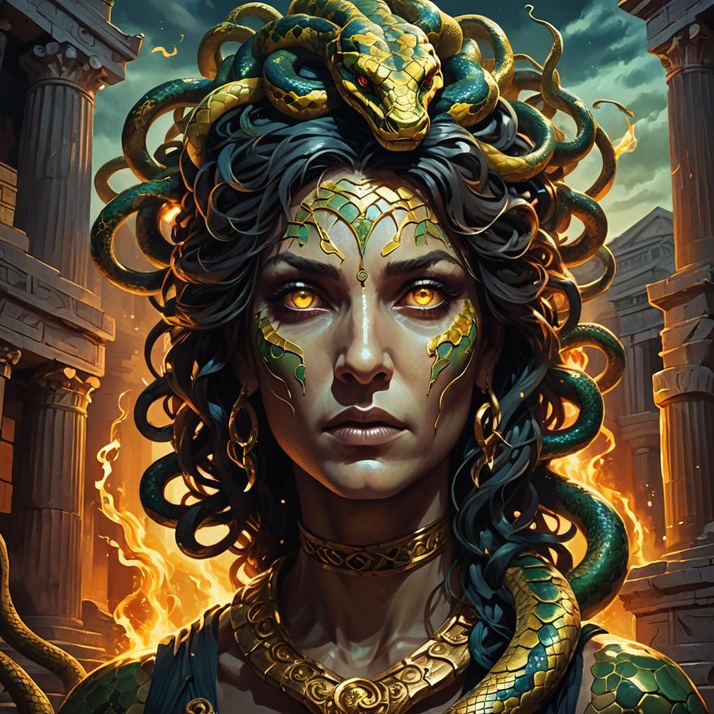 Medusa in Ancient Temple: Art Nouveau Style