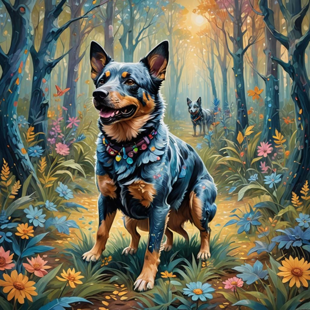 Blue Heeler Dances in Mystical Forest as Dreamlike Oil Paint...