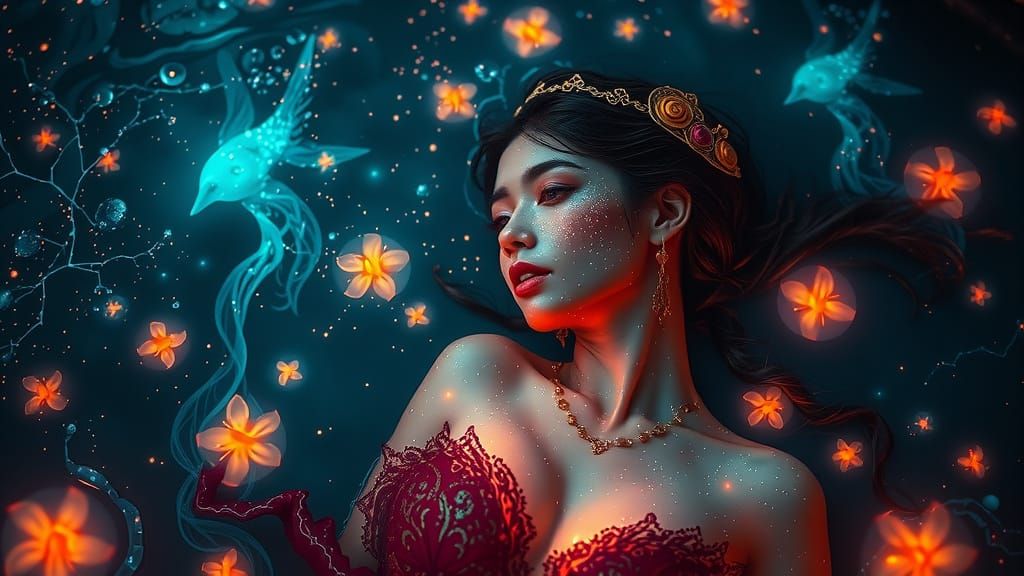 Stardust Woman in Nebula Pond: Art Nouveau Dream