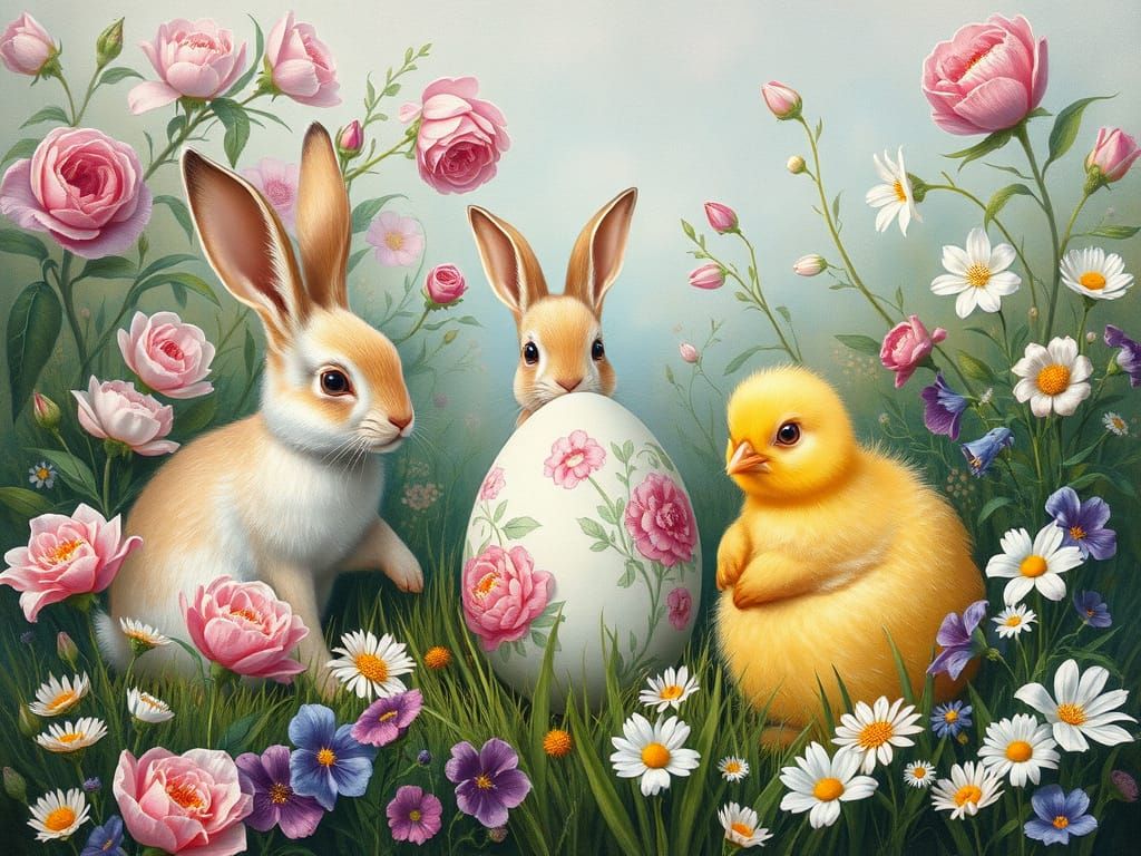 Renaissance Easter Scene with Bunnies and Chicks