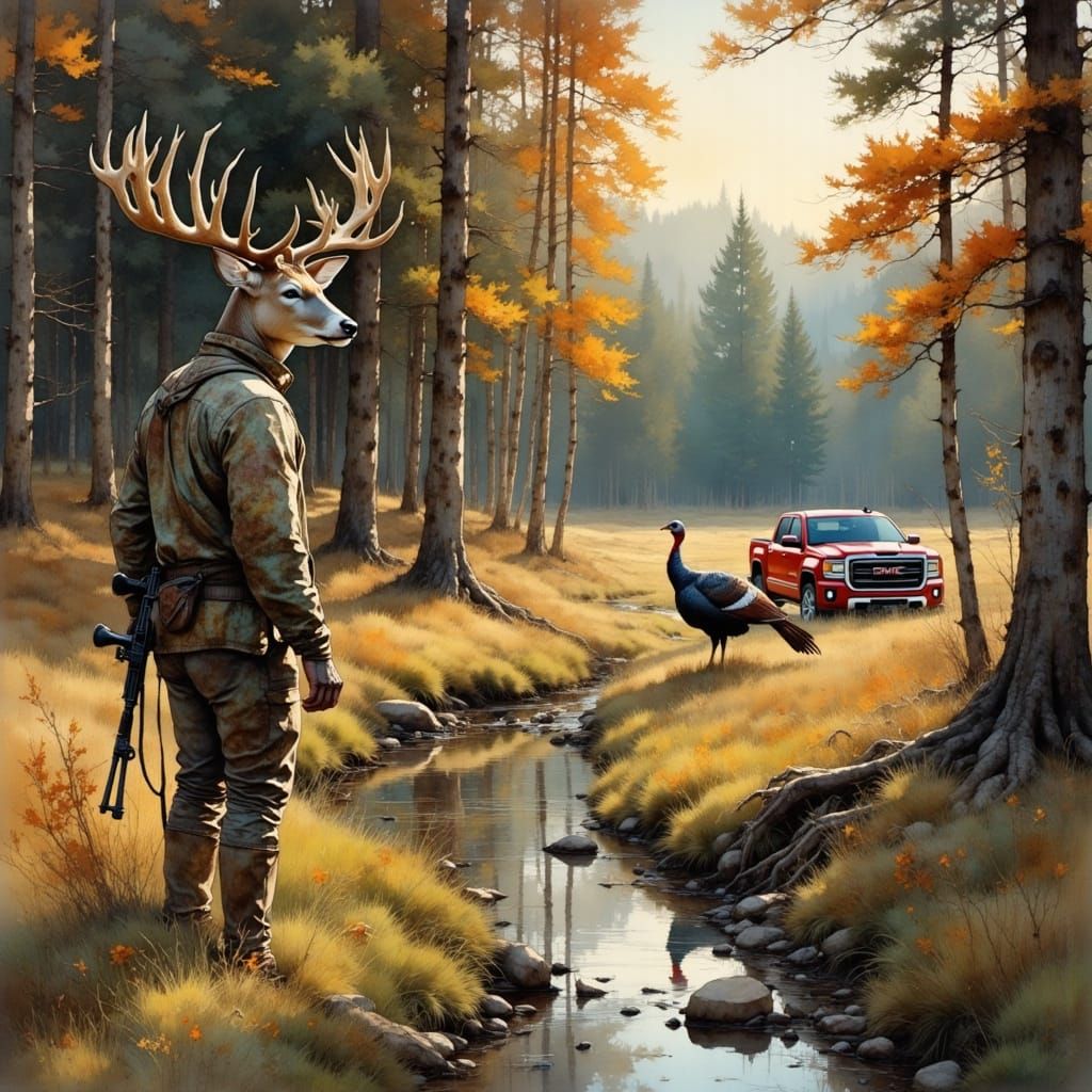 Rustic Realism Whitetail Buck Hunts Turkey in Forest