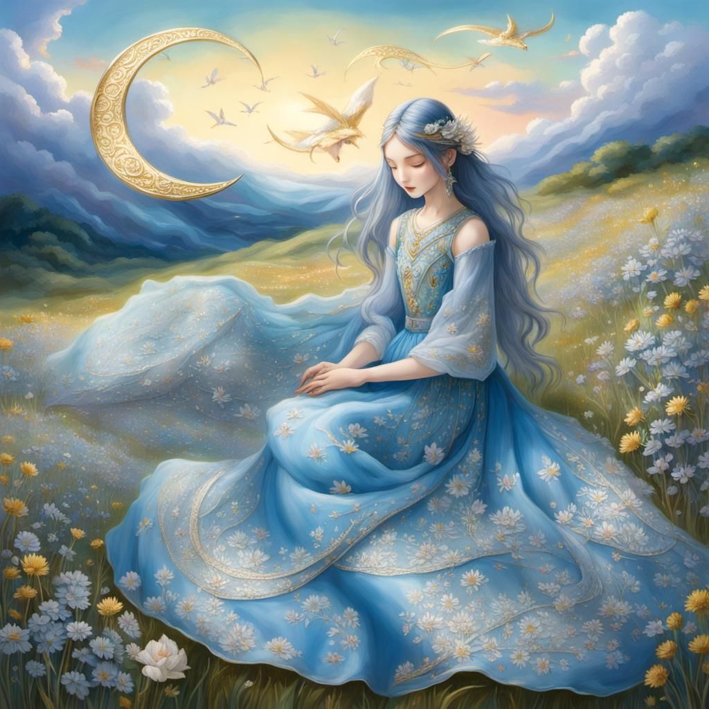 Girl and Dragon in Meadow: Romantic Fantasy Art