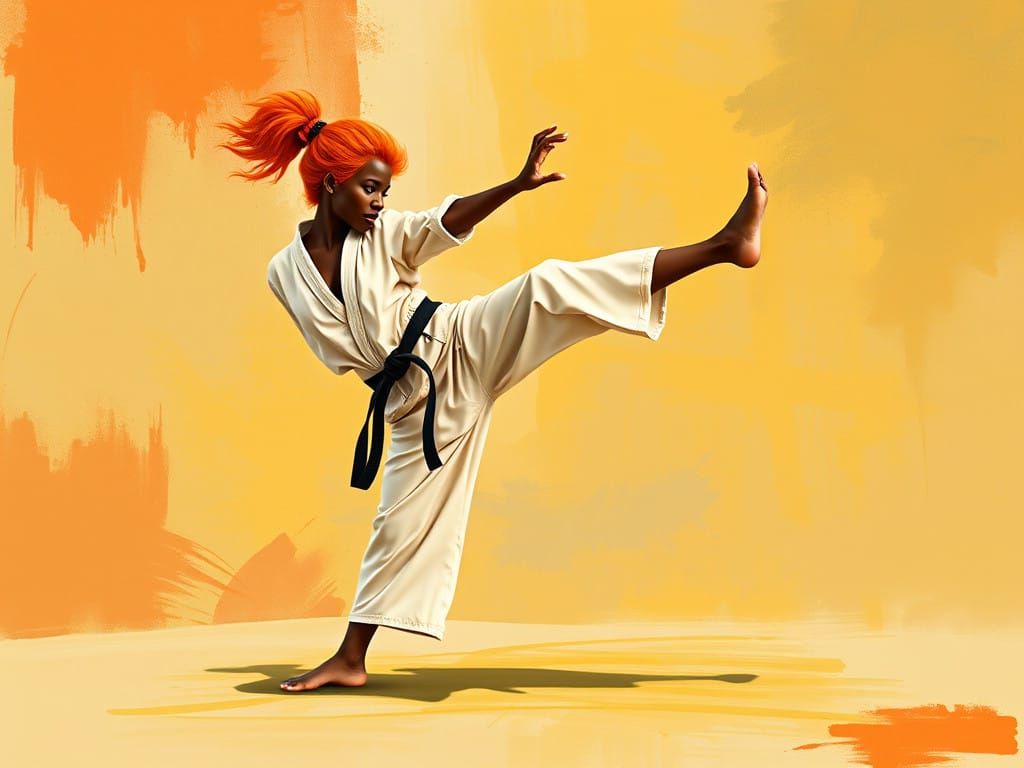 Vibrant Redhead Kicks in Karate Gear