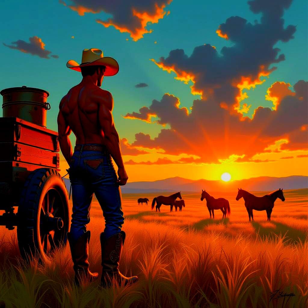 Spanish Gaucho by Chuckwagon Under Neon Noir Sunset