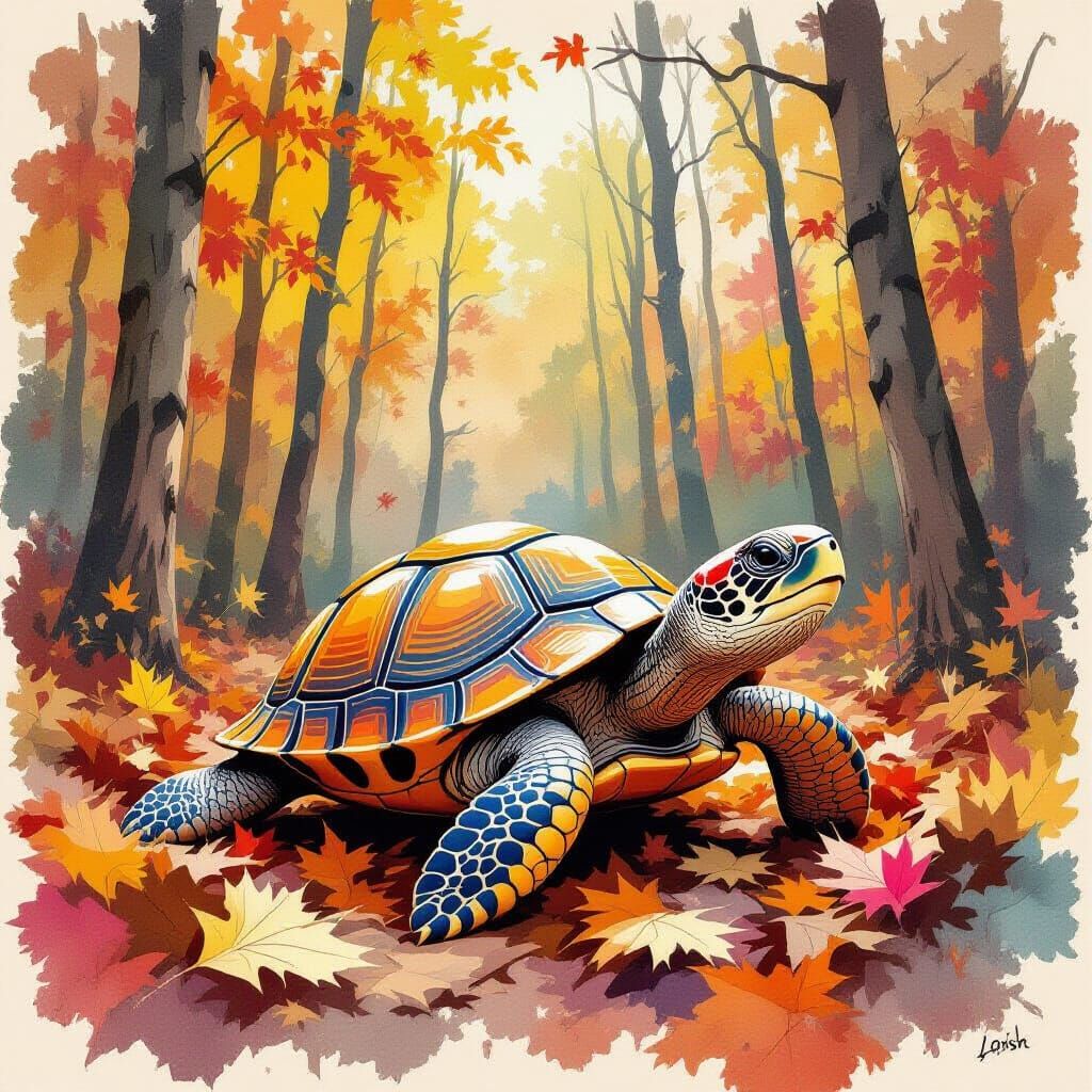 Turtle in Autumn Forest: Minimalist Watercolor Art