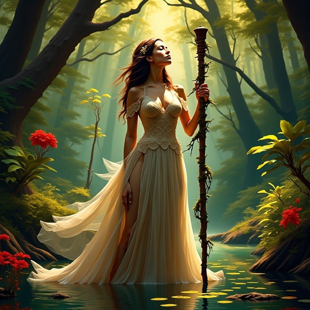 Woman in Mystical Forest, Digital Illustration