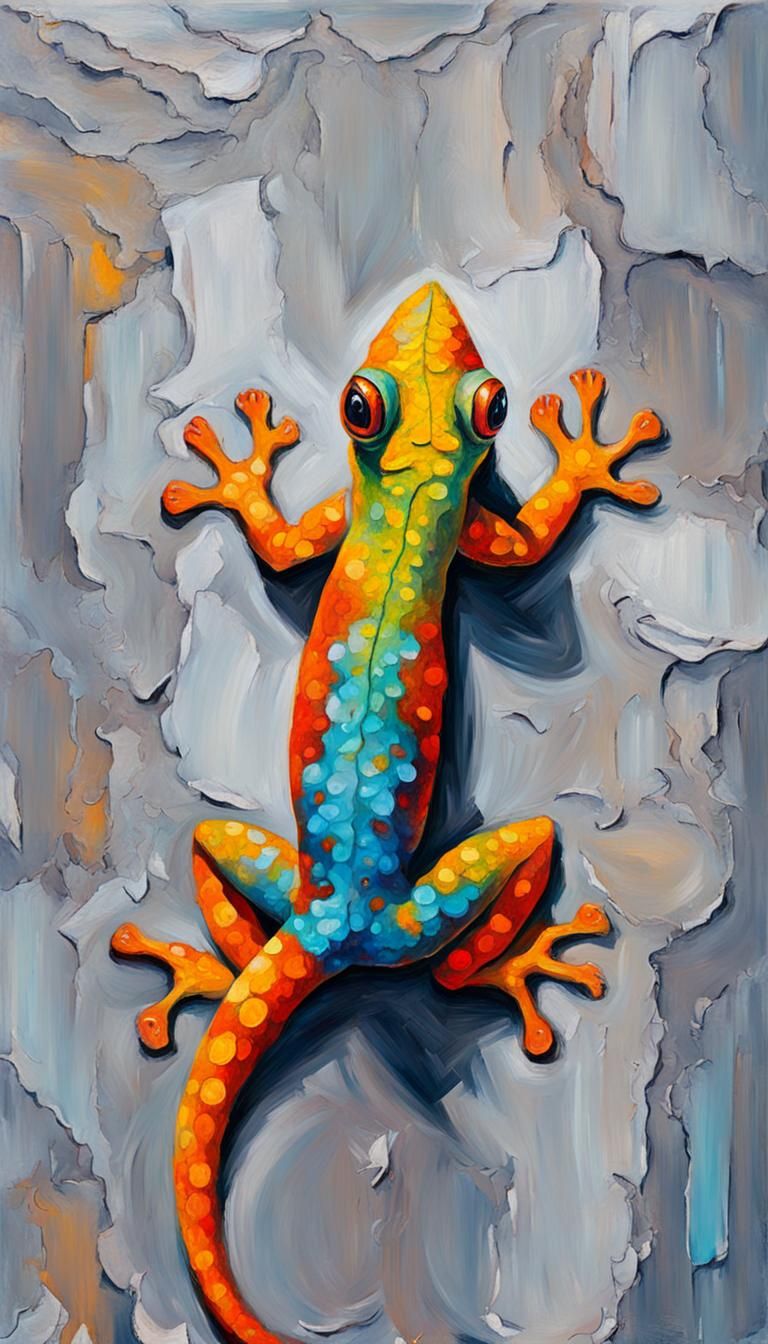 Gecko on Gray Floor in Expressionist Oil Painting Style