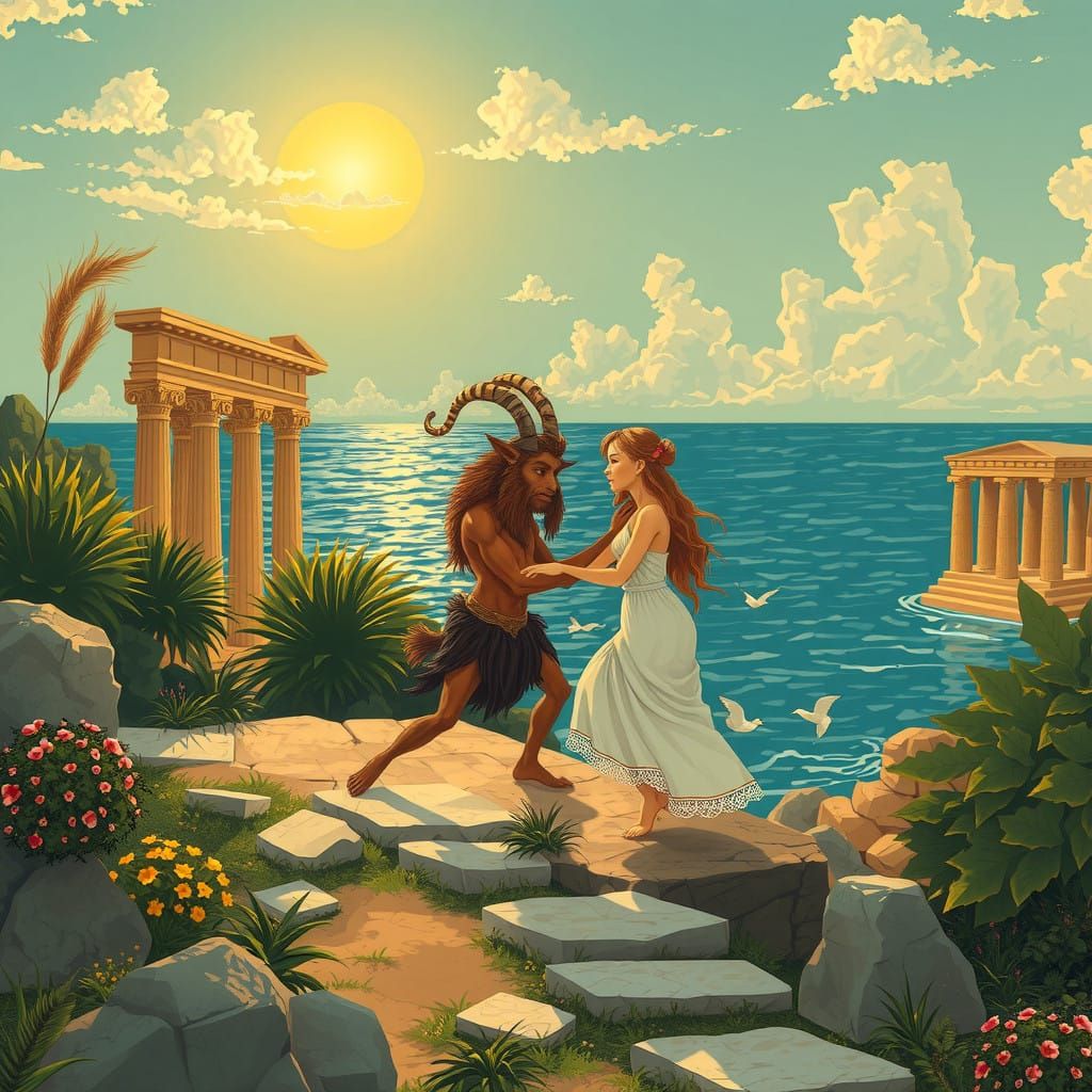 Pan Courts a Lovely Nymph on Aegean Shores in Dreamy Glow