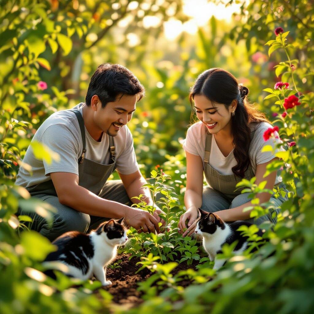 Filipino Couple Gardening with Cats in Golden Hour Light