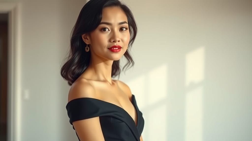 Elegant Asian Woman in Black Evening Gown