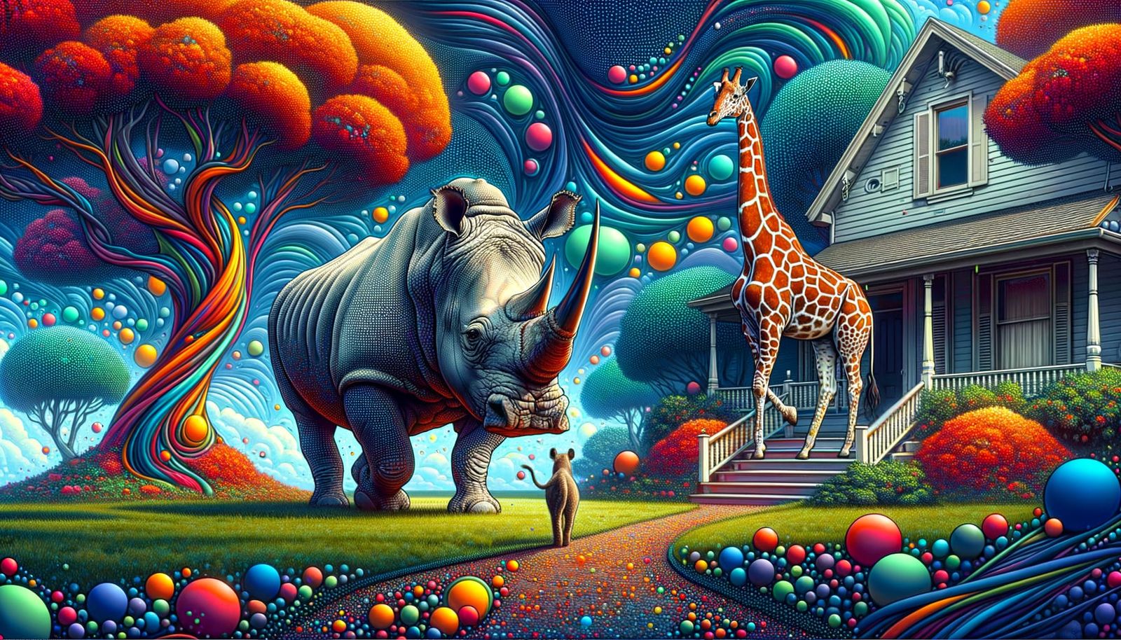 Rhino and Giraffe on Lawn in Fantasy Art Style