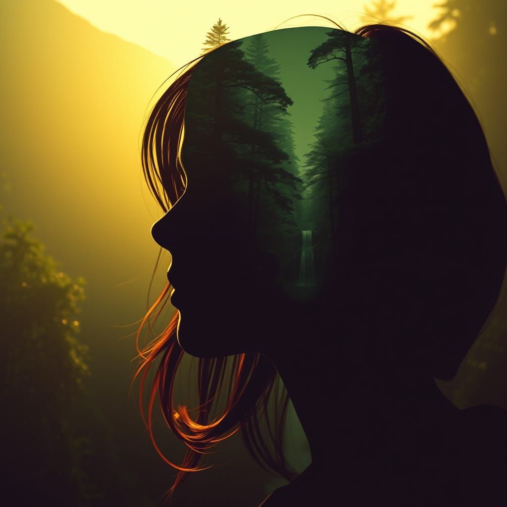 Ethereal Double Exposure: Forest Silhouette in Kodachrome