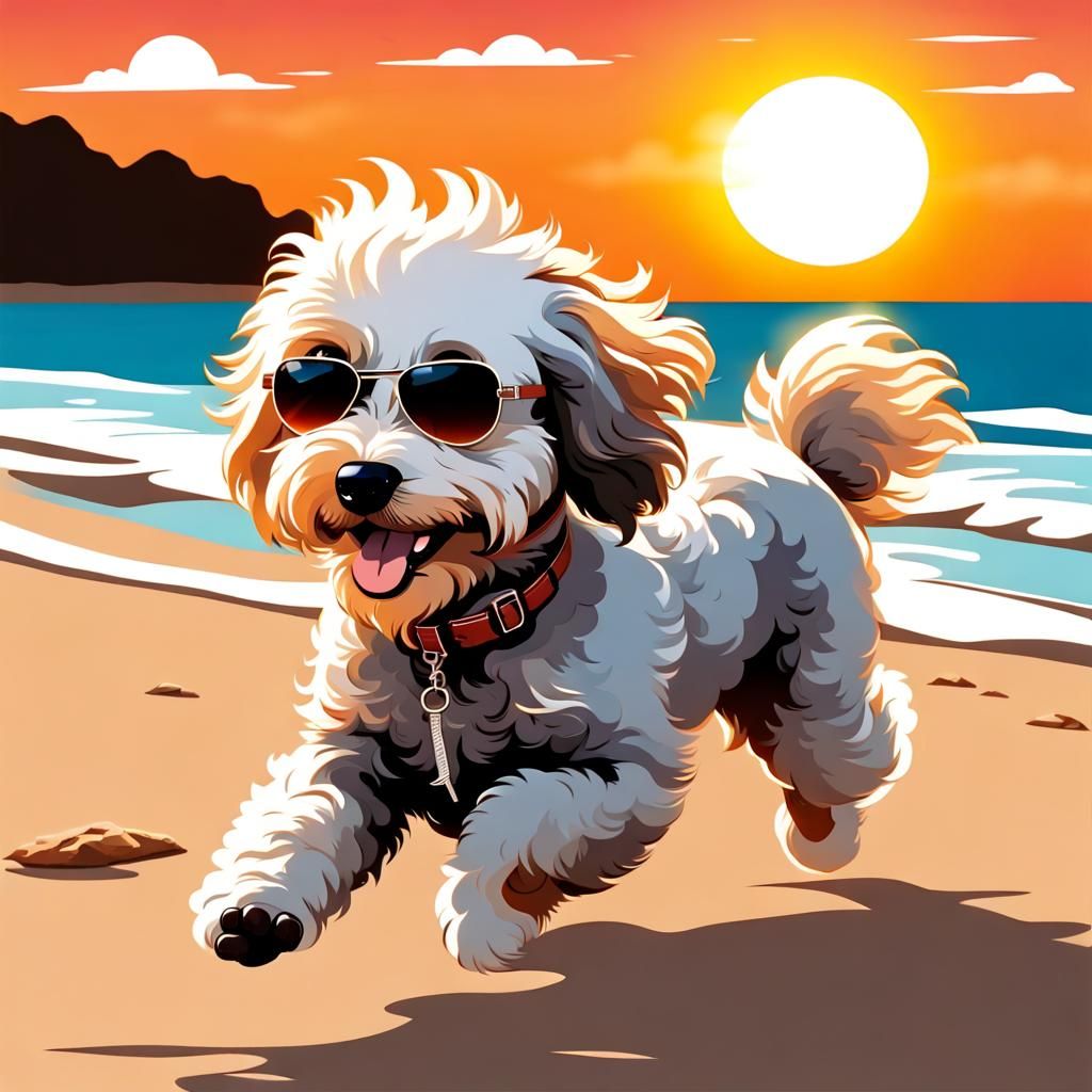 Labradoodle Puppy Chasing Waves at Sunset, Chibi Style