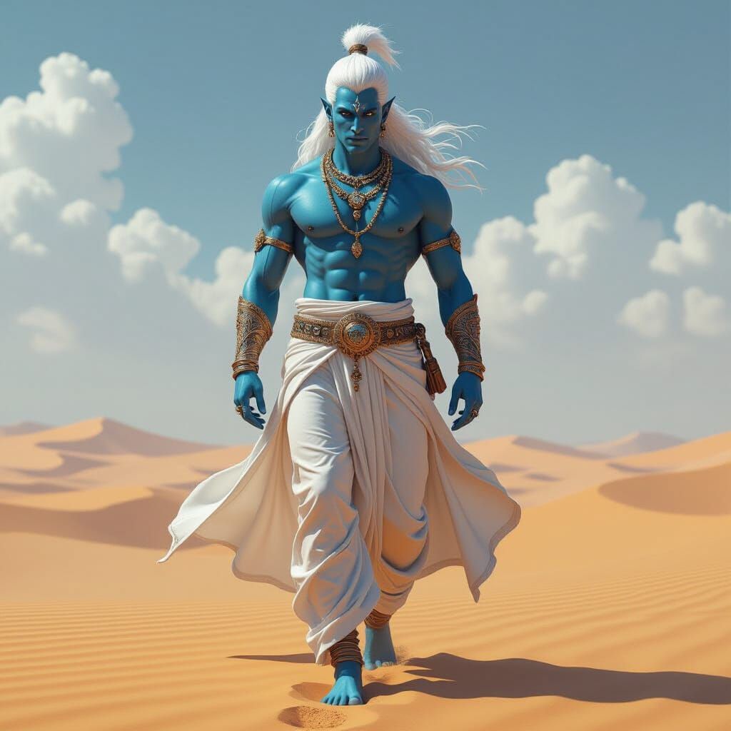 Blue Djinn Striding Through Desert Sands