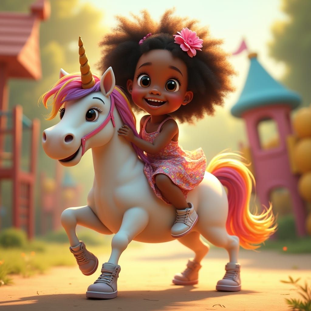 Joyful Black Teenager Rides Unicorn in Whimsical Playground ...