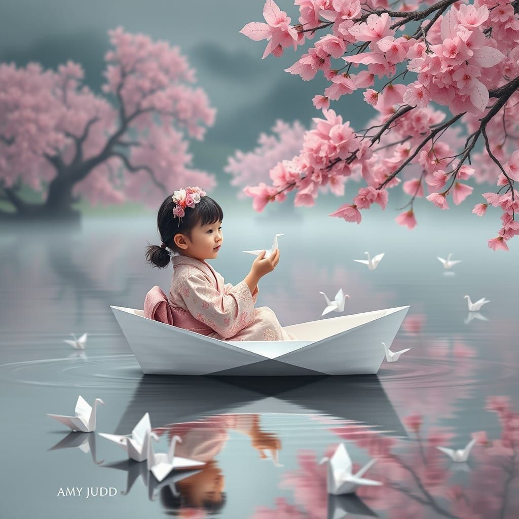 Child in Paper Crane Boat on Lake, Amy Judd Style
