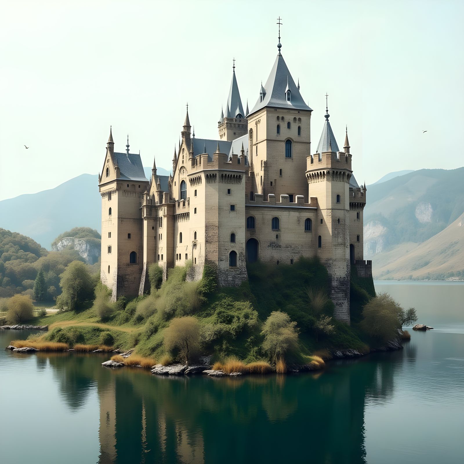 Medieval Castle on a Serene Island Landscape