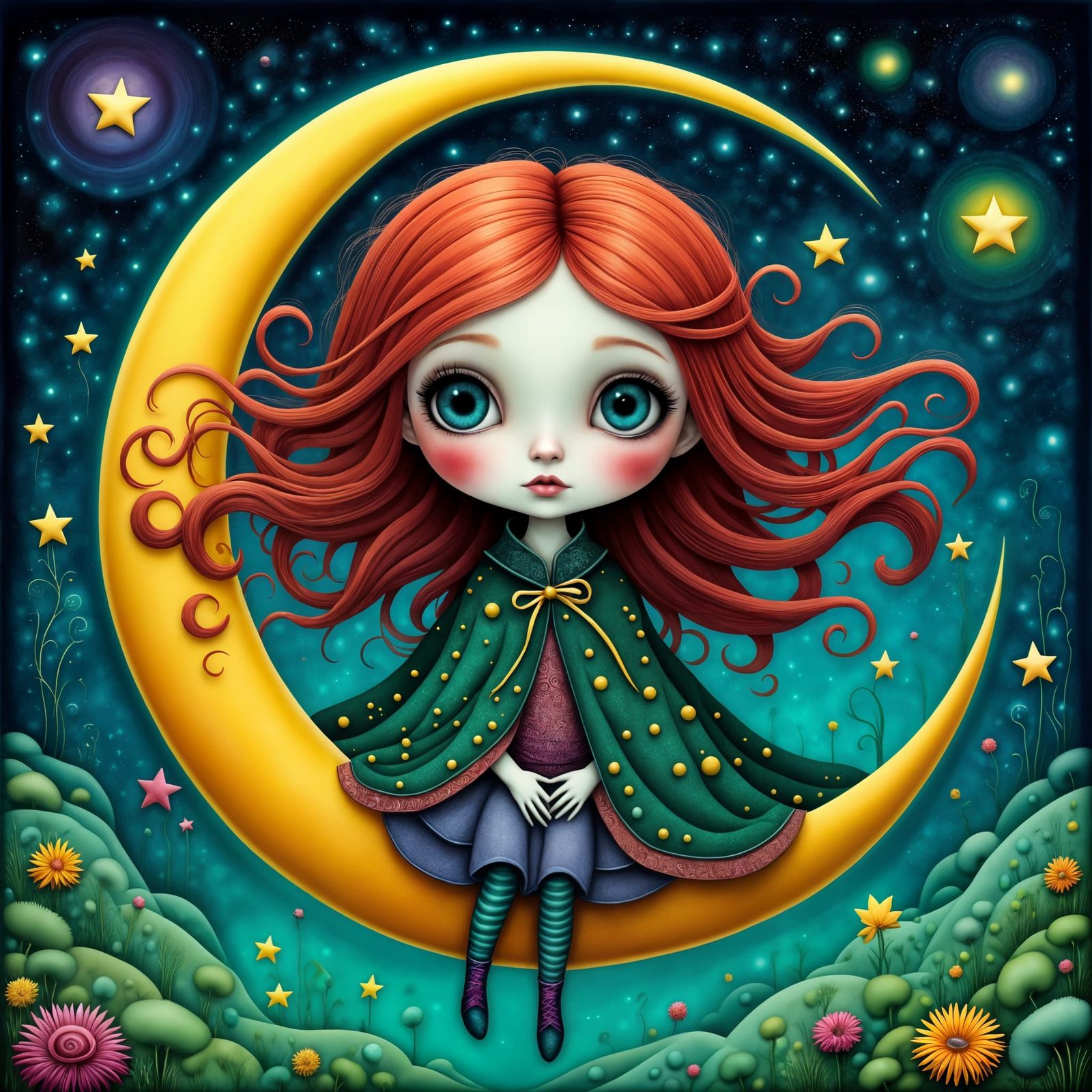 Girl in Velvet Cape Adorned with Golden Constellations Sits ...