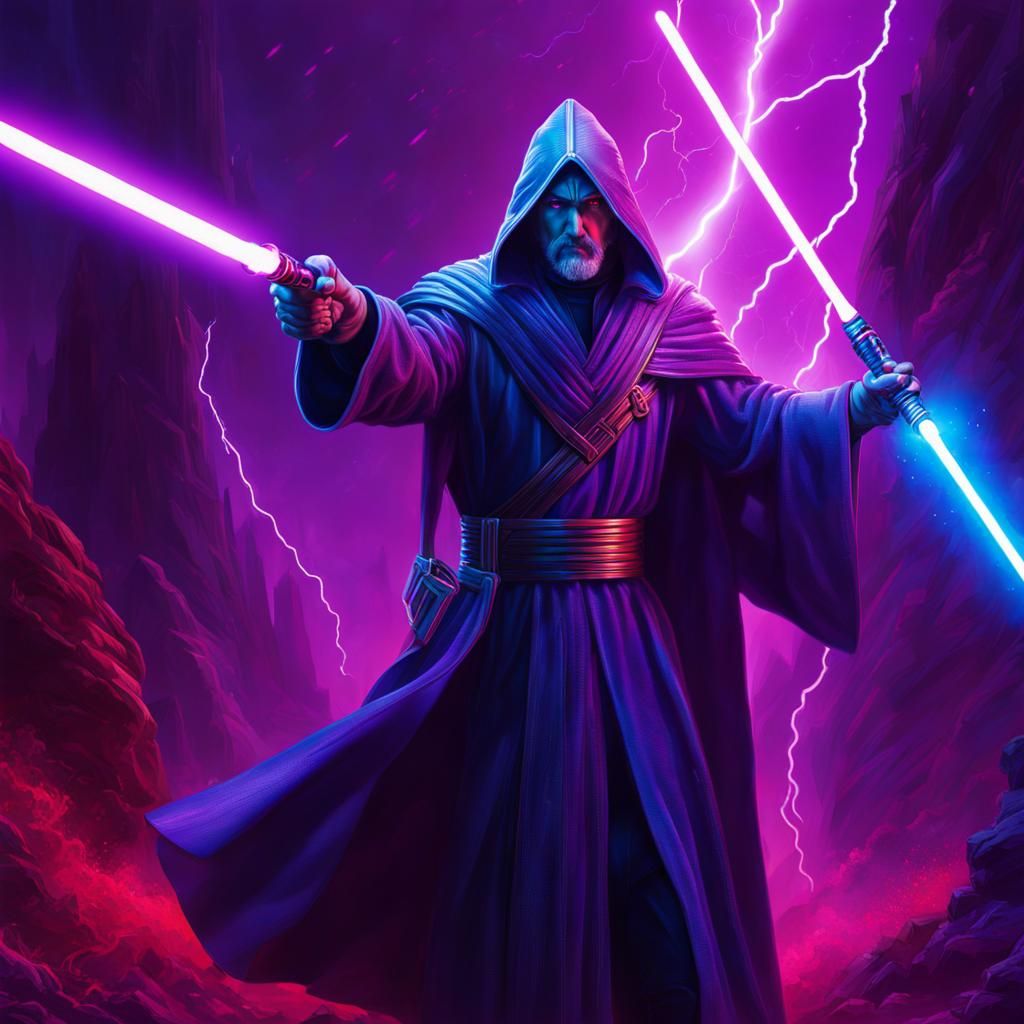 Futuristic Wizard with Lightsaber in Neon Cyberpunk Style