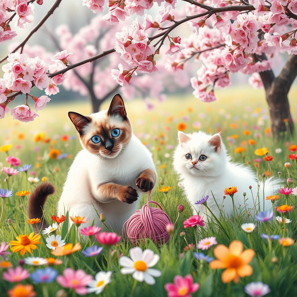Siamese and Persian Cats in Floral Meadow, Watercolor Style