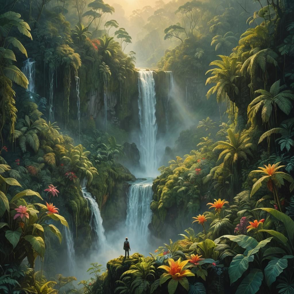 Surreal Jungle Waterfall in Fantasy Landscape