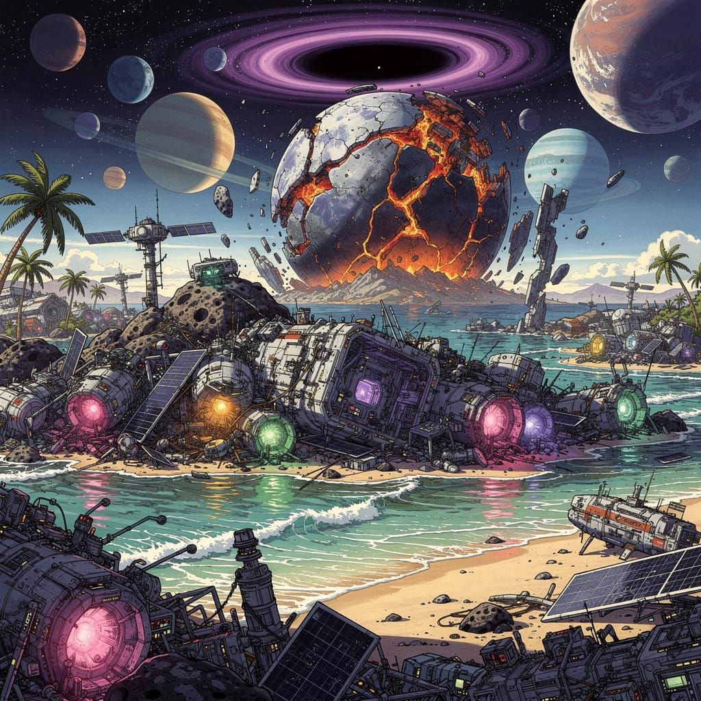 Cosmic Debris on Tropical Beach Near Black Hole