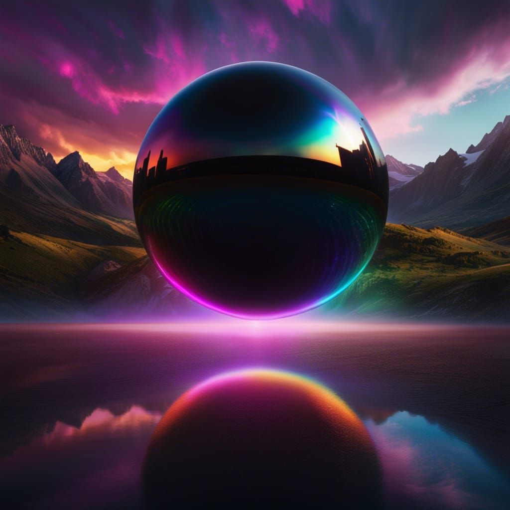 Iridescent Black Sphere Floating in Digital Painting