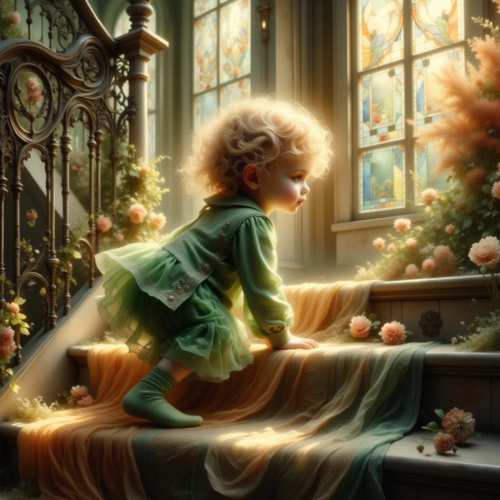 Boy on Staircase in Ethereal Impasto Fantasy