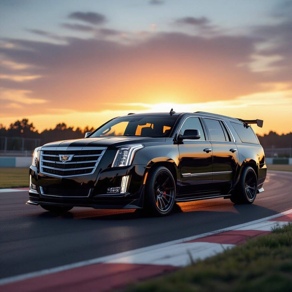 Black Cadillac Escalade Modified for Racing at Dawn