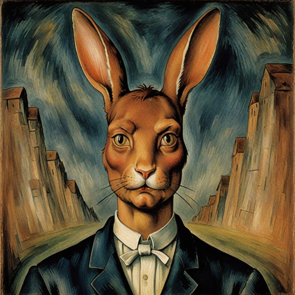 Evil Rabbit Dialogue in Blake and Modigliani Style