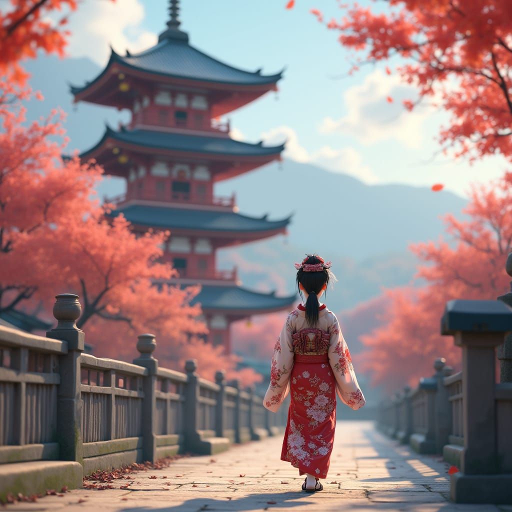 Japanese Lady in Kimono Walks to Pagoda in Anime Style