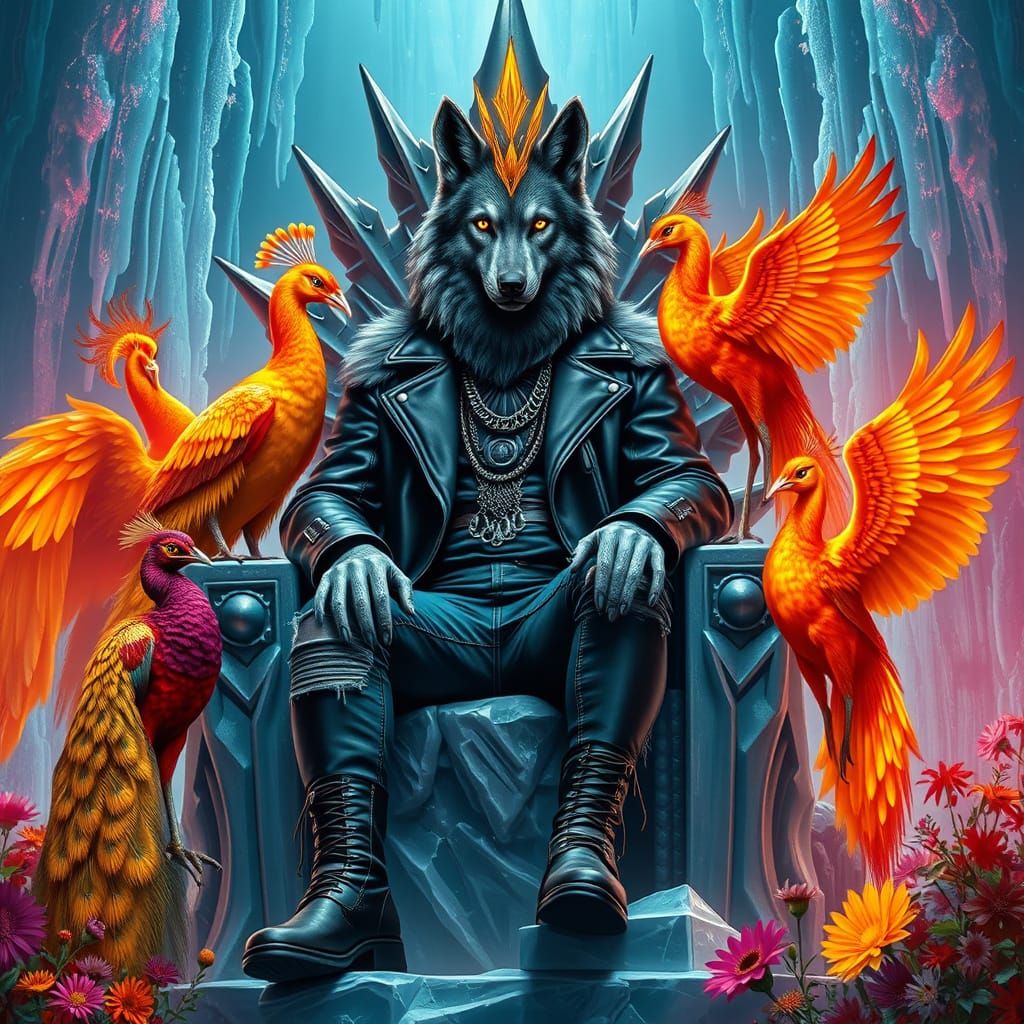Wolf King Judges Peacocks in Cyberpunk Ice Castle