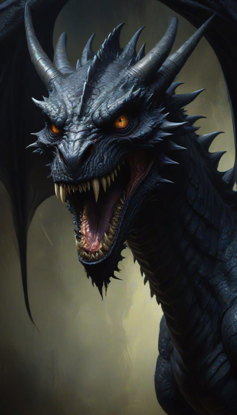 Surreal Horror: Black Dragon Monster Oil Painting