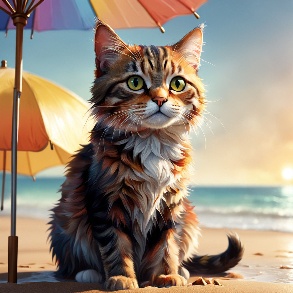Hyperrealistic Beachside Feline Scene