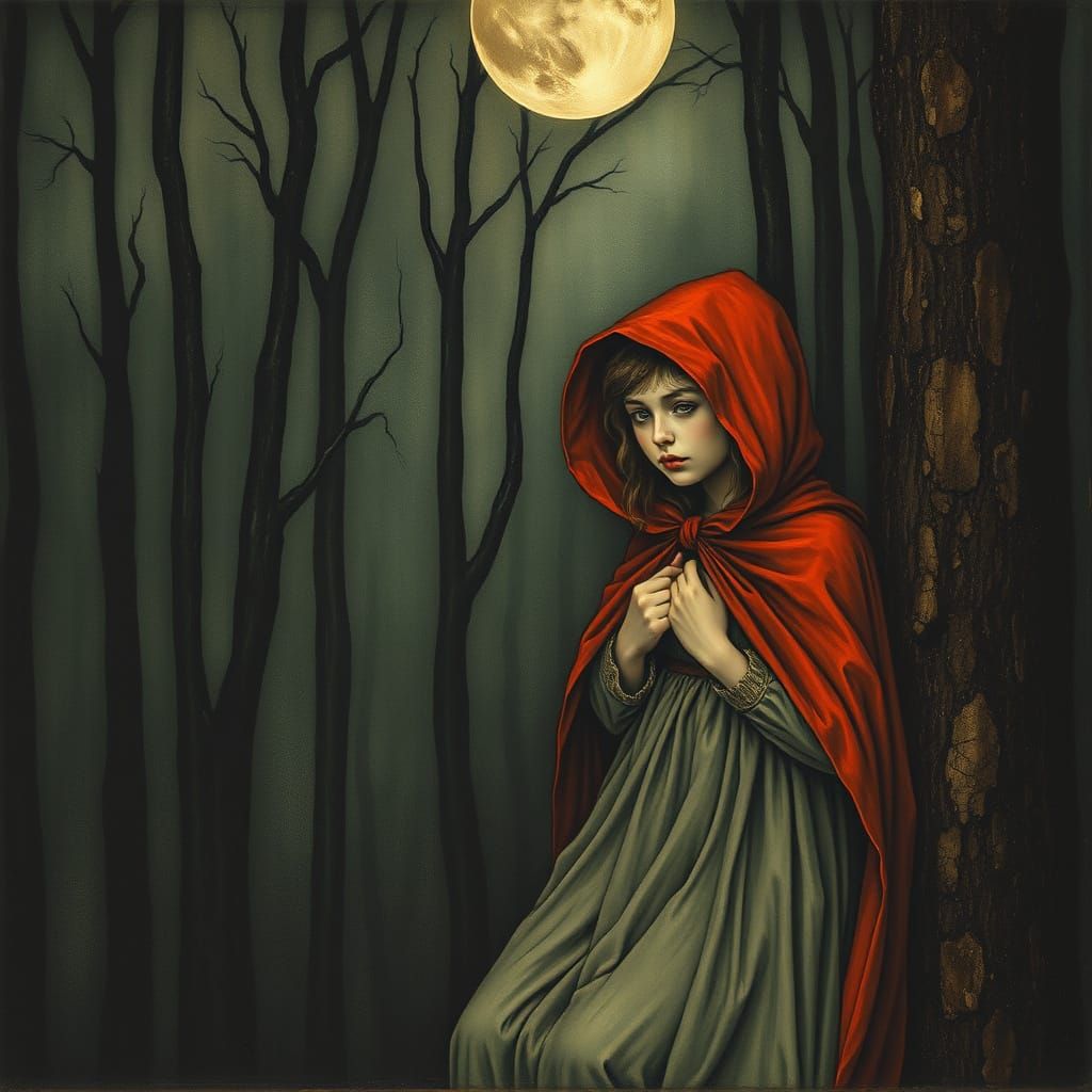 Mysterious Little Red Riding Hood in a Dark, Moody Landscape