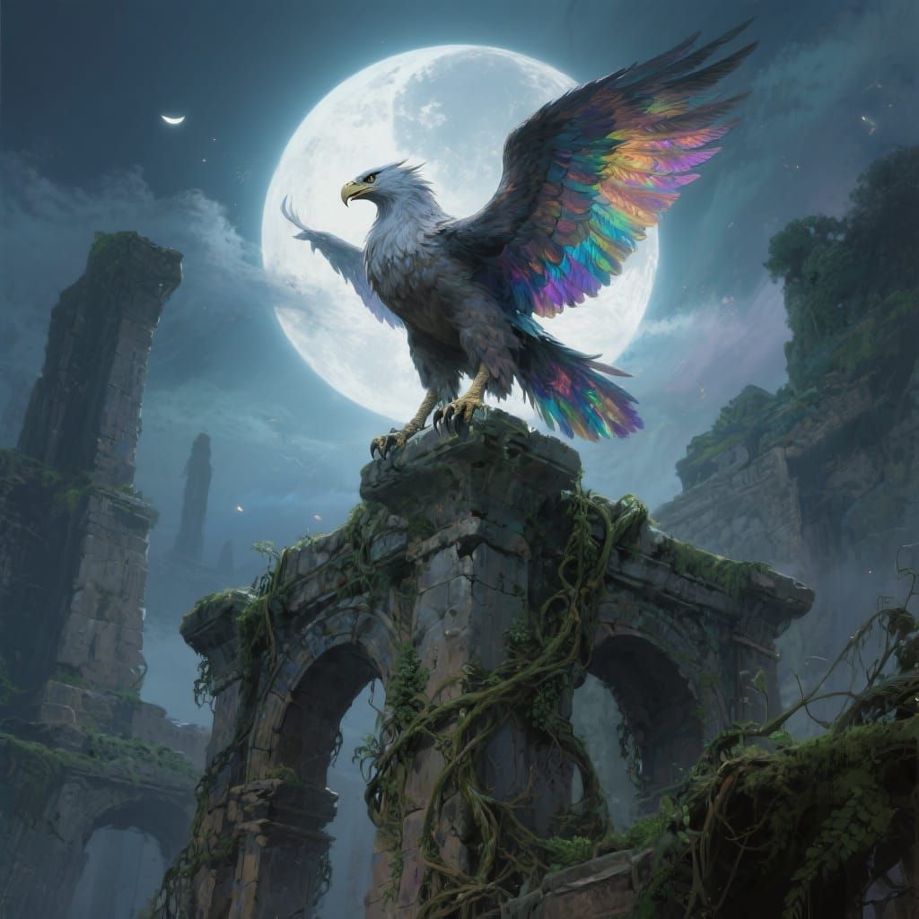 A majestic griffin with iridescent feathers perches atop a c...