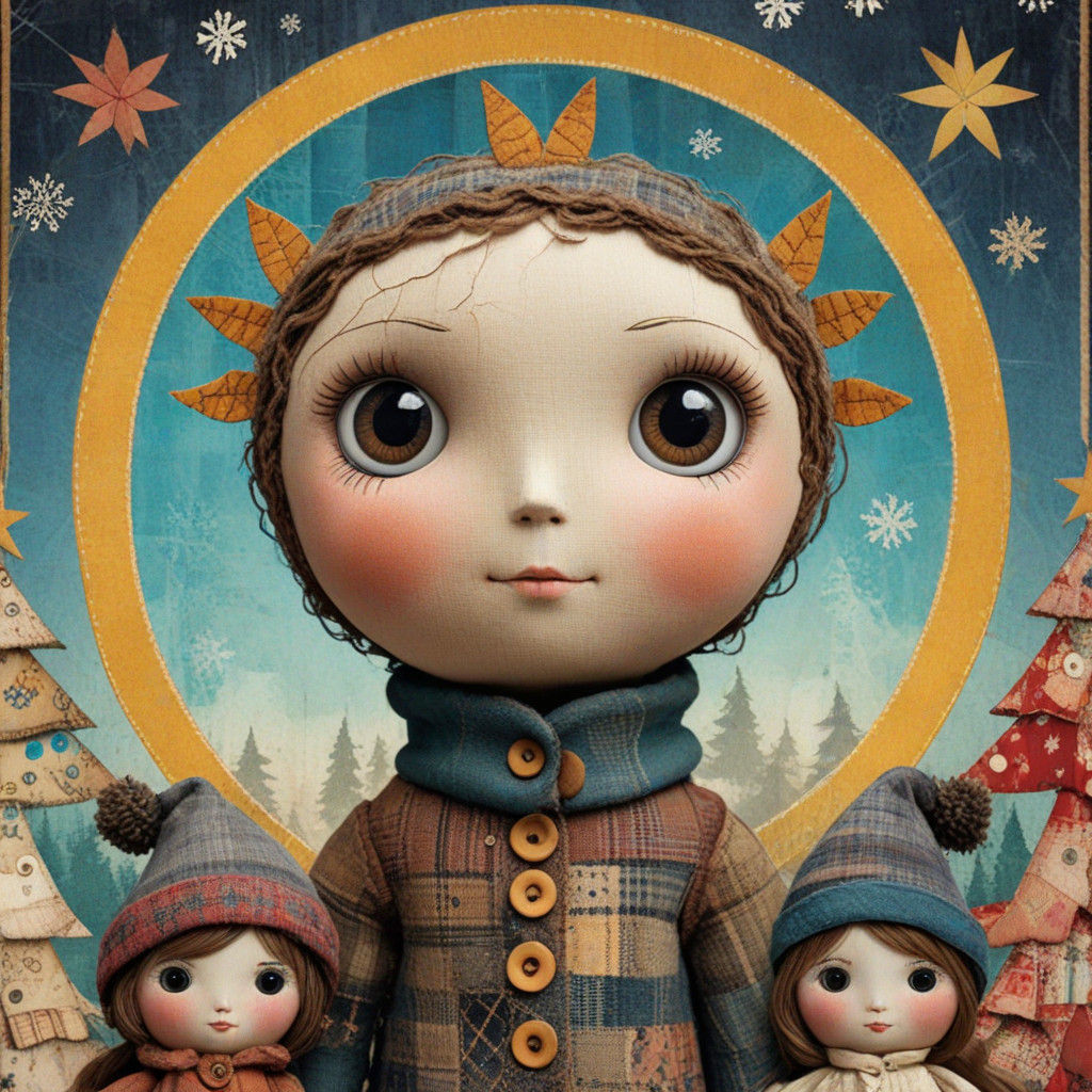 Handmade Patchwork Dolls Standing in a Colorful Christmas Tr...