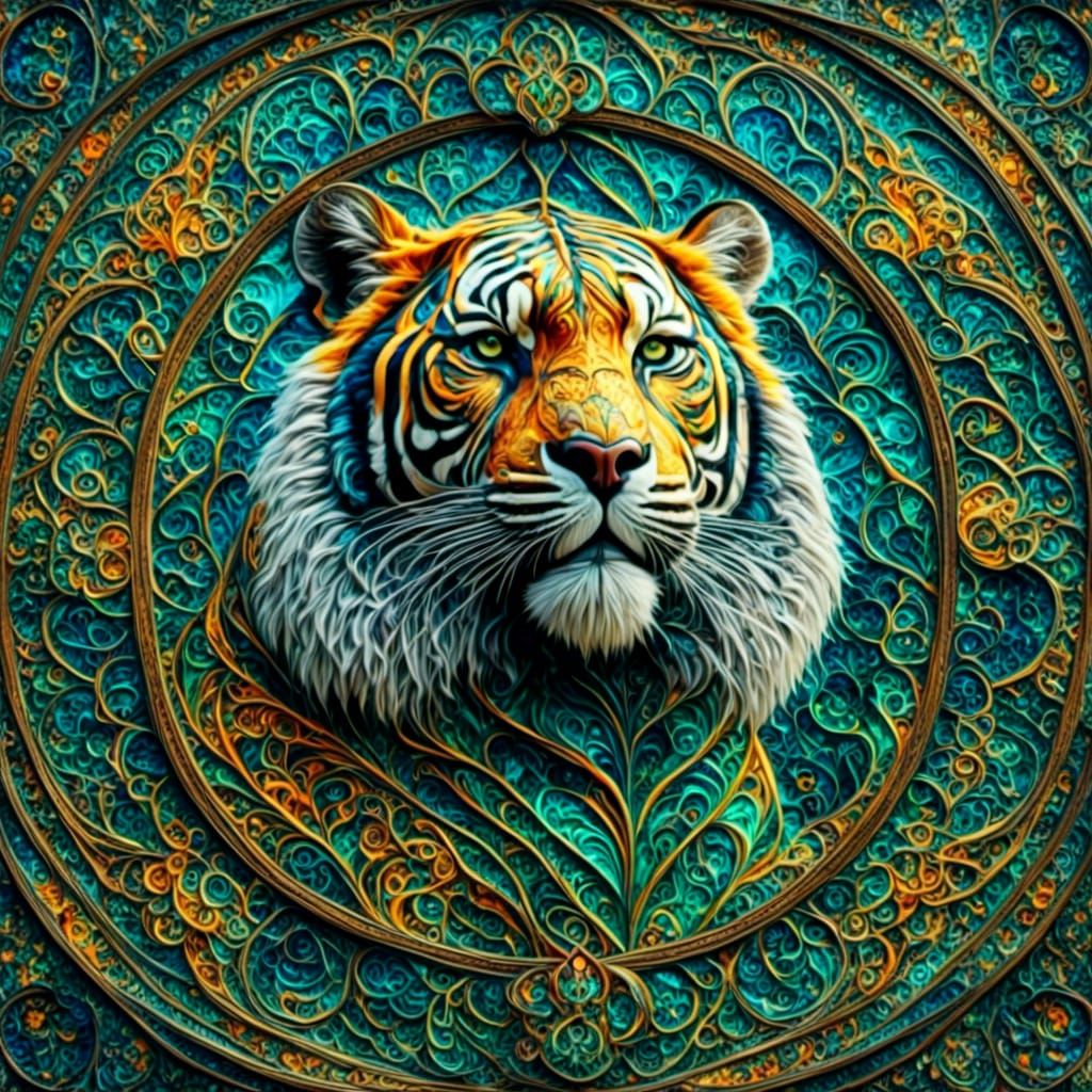Stained Glass Sumatran Tiger in a Fractal Mandala